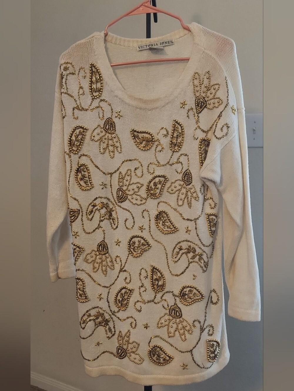 Victoria Jones Woman Cream Crewneck Sweater with Gold Beaded Embellishment
